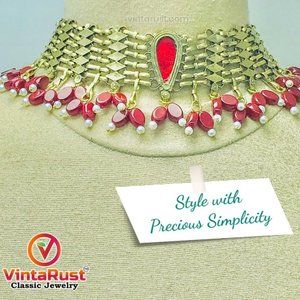 Woven Pearls and Stones Afghani Choker, Handmade Afghan Golden Tone Choker